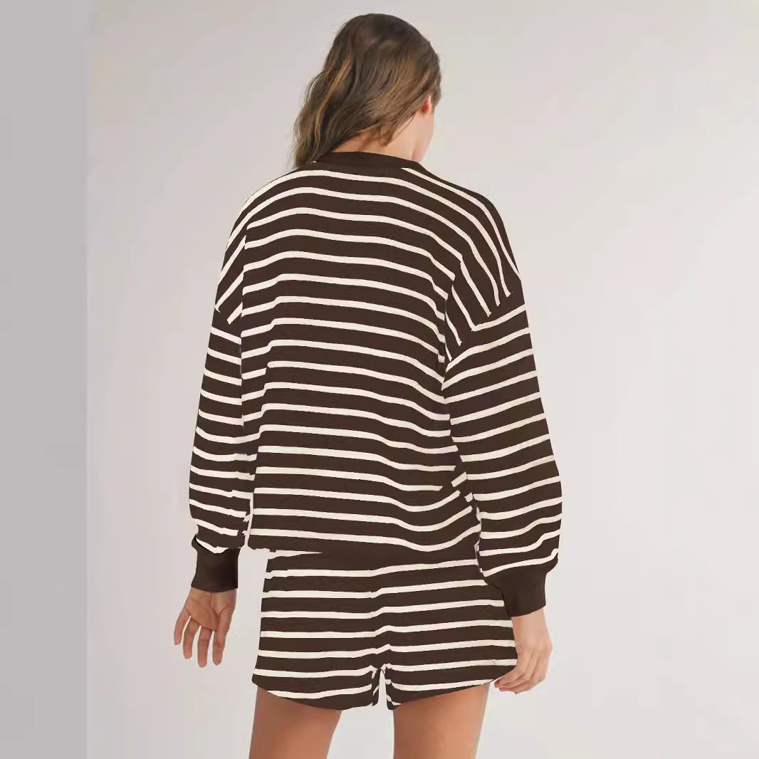 Women's Casual Striped Top and Shorts Sport-Look Set