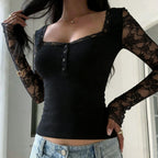 Women's Elegant Long-Sleeve Shirt with Lace and Button Details