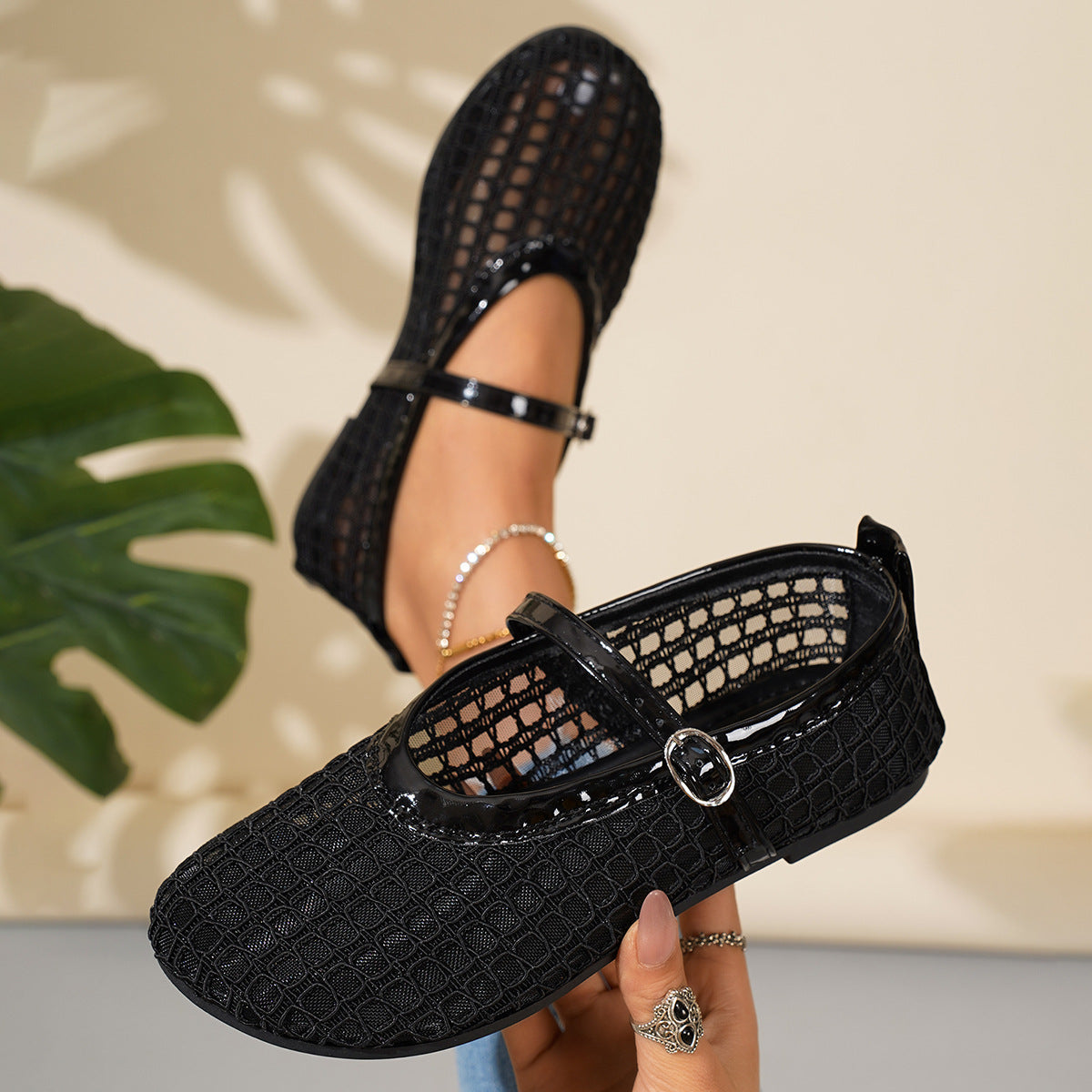 Women's Ballet Flats with Buckle Detail and Mesh Texture