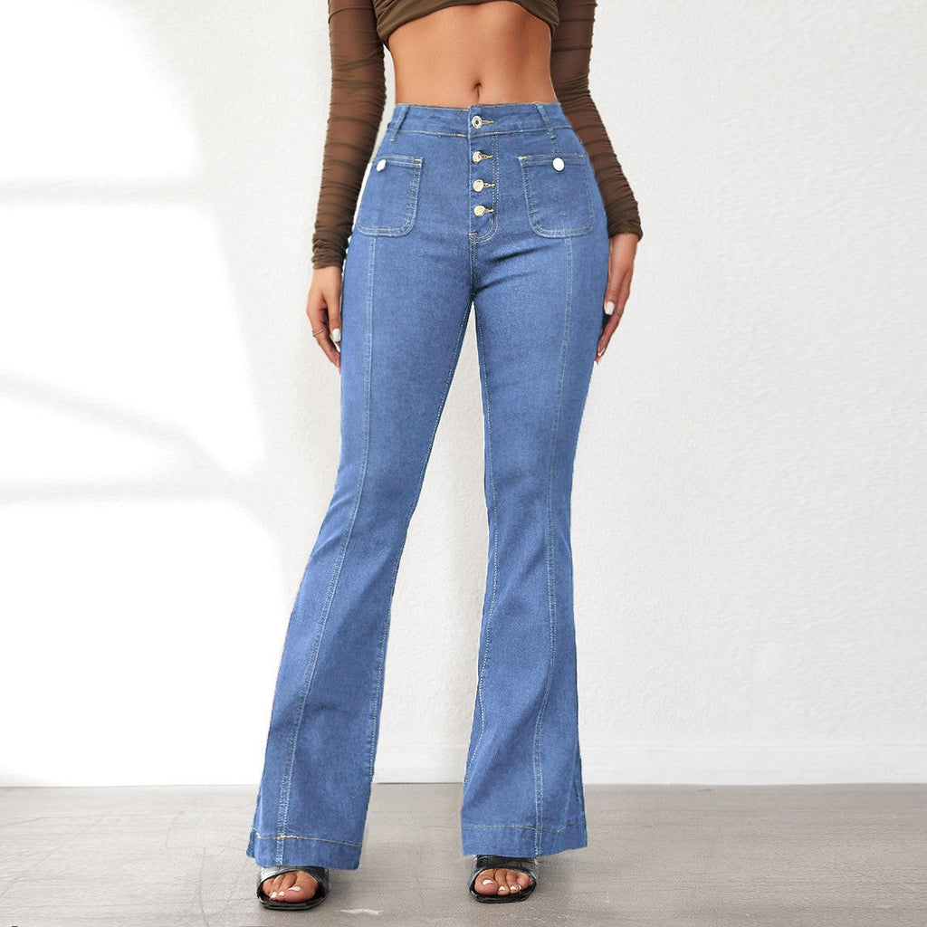 Women's High-Waisted Flared Jeans with Button Details