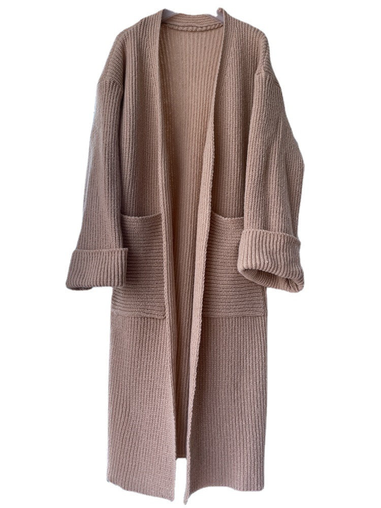Women's Long Knit Coat with Deep Pockets and Elegant Design