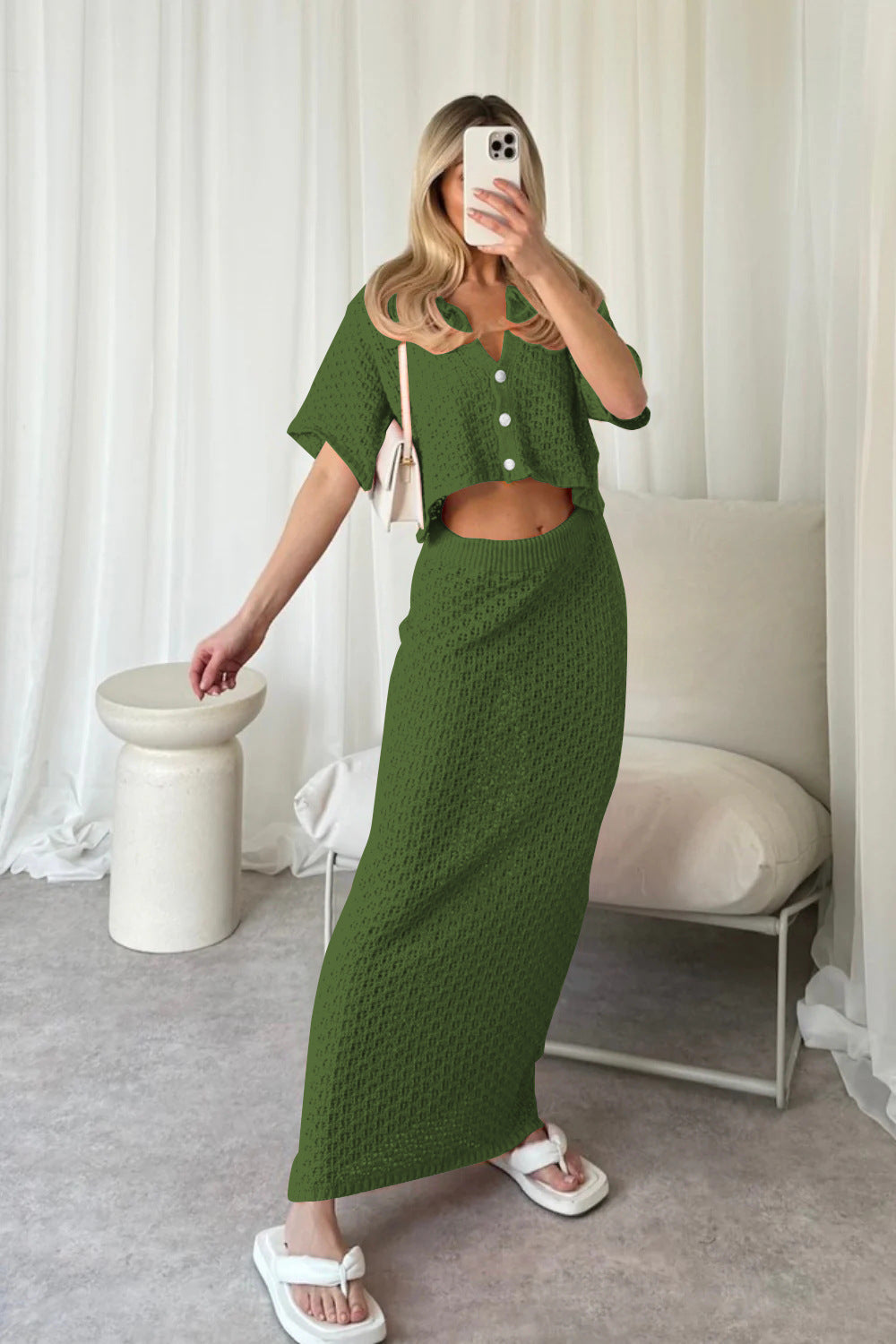 Women's Casual Knit Set with Cropped Jacket and Wrap Skirt
