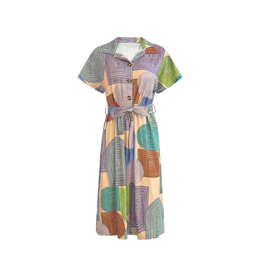 Women's Sleeveless Dress with Geometric Pattern and Tie Belt