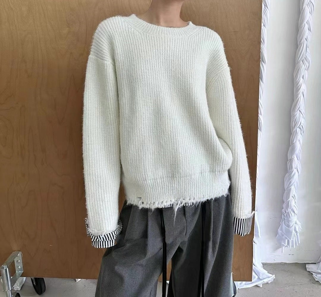 Women's Chunky Knit Sweater with Contrast Cuffs and Casual Fit