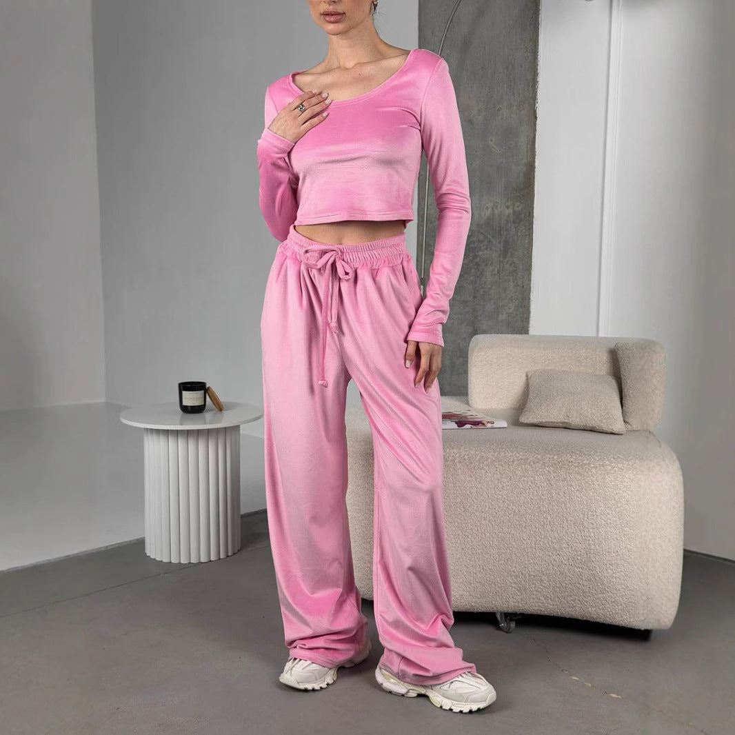 Women's Fashionable Crop Top and Comfortable Leisure Trousers Set