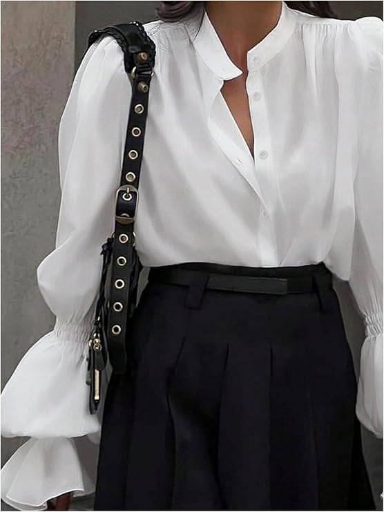 Women's Blouse with Elegant Puff Sleeves and Timeless Stand-Up Collar