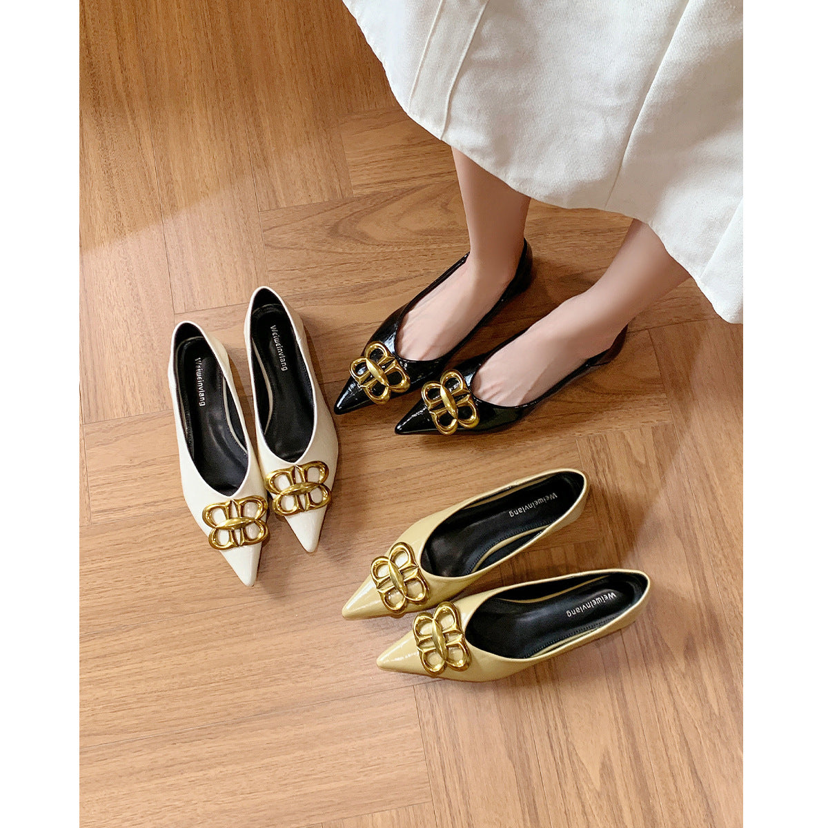 Women's Ballet Flats with Pointed Toe and Luxurious Buckle Accent