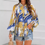 Women's Blouse with Artistic Print and Gathered Sleeves