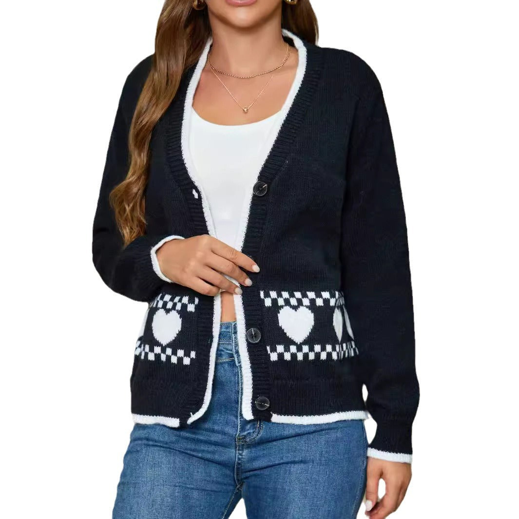 Women's Cardigan with Heart Pattern and Contrasting Details