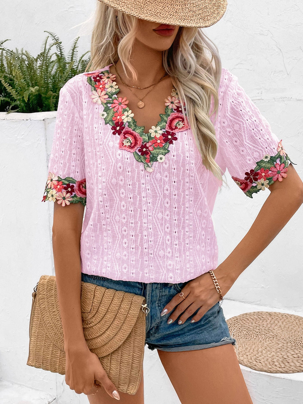 Women's Blouse with Floral Embroidery and Airy Sleeves