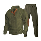 Men's Structured Henley Loungewear Set with Elbow Patches & Tapered Jogger Pants