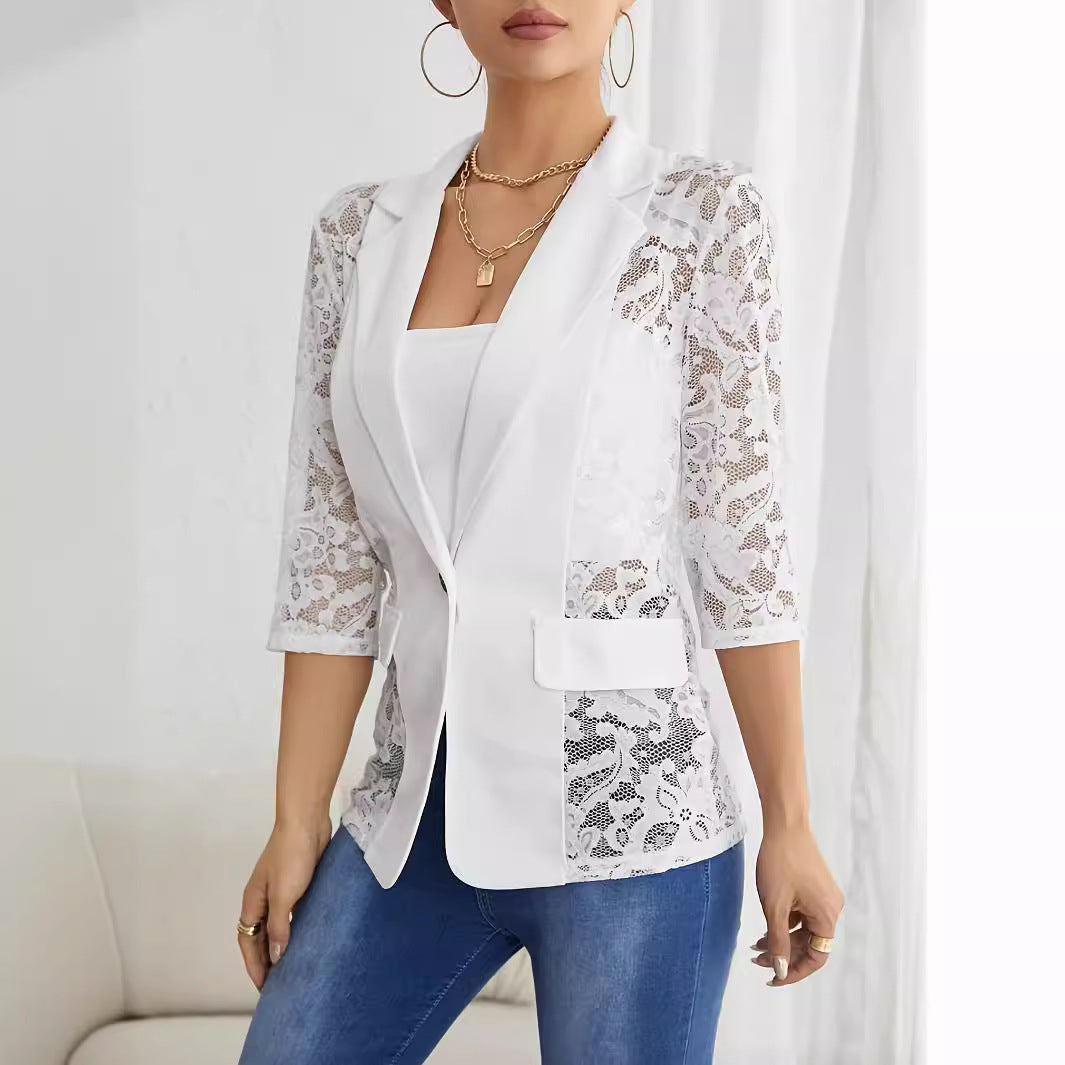 Women's Elegant Blazer Jacket with Transparent Lace Detail