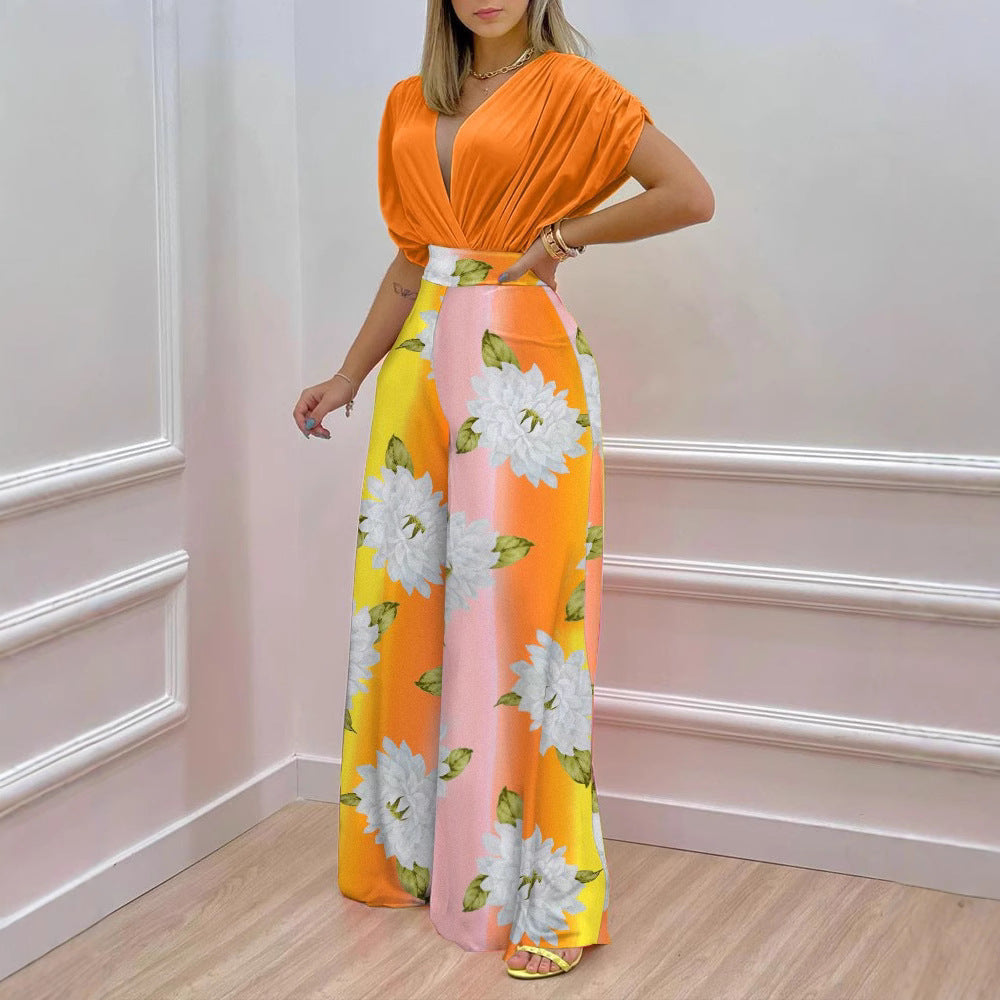 Women's Blouse Set with Wide-Leg Pants and Floral Print