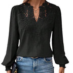 Women's Blouse with Embroidered V-Neck and Long Sleeves