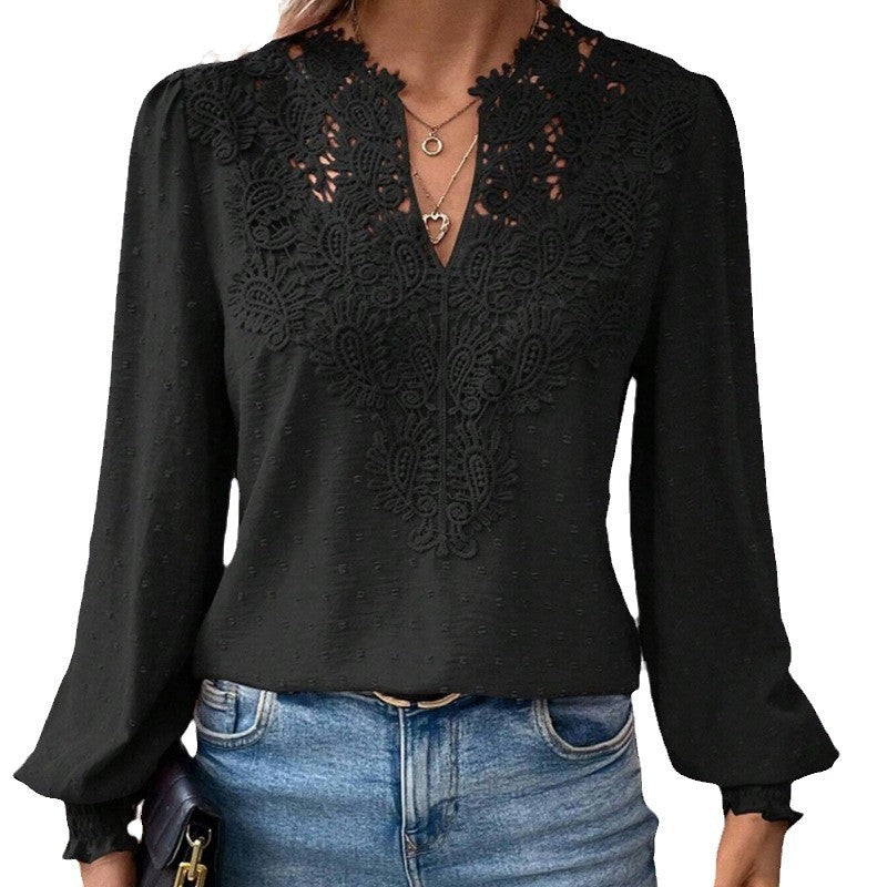 Women's Blouse with Embroidered V-Neck and Long Sleeves