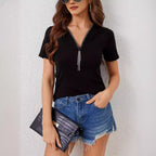 Women's Short-Sleeve Shirt with Decorative Zipper