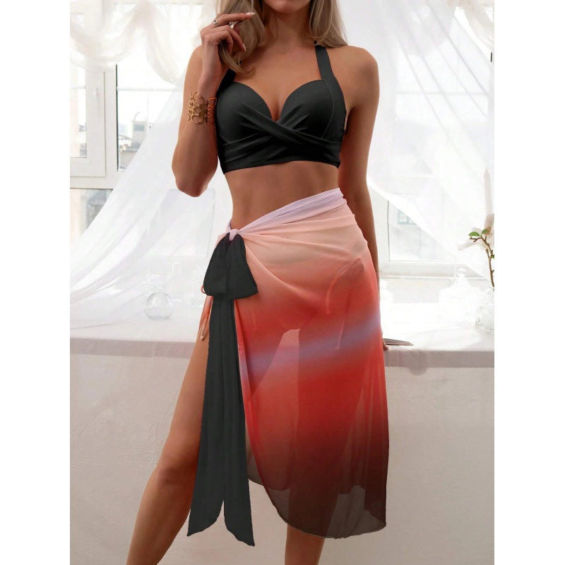 Women's Swimsuit Set with Colorful Wrap Skirt and Comfortable Top