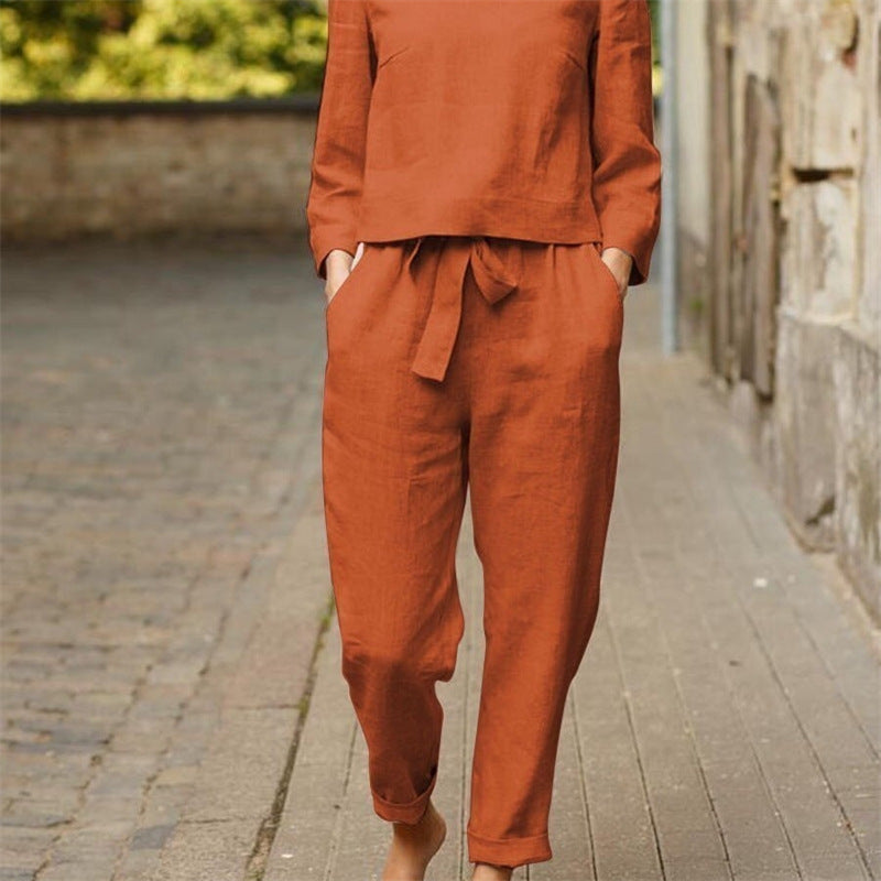 Women's Casual Two-Piece Linen Outfit with Wide Waistband