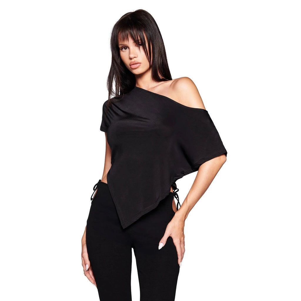 Women's Asymmetrical Short-Sleeve T-Shirt with Striped Pattern