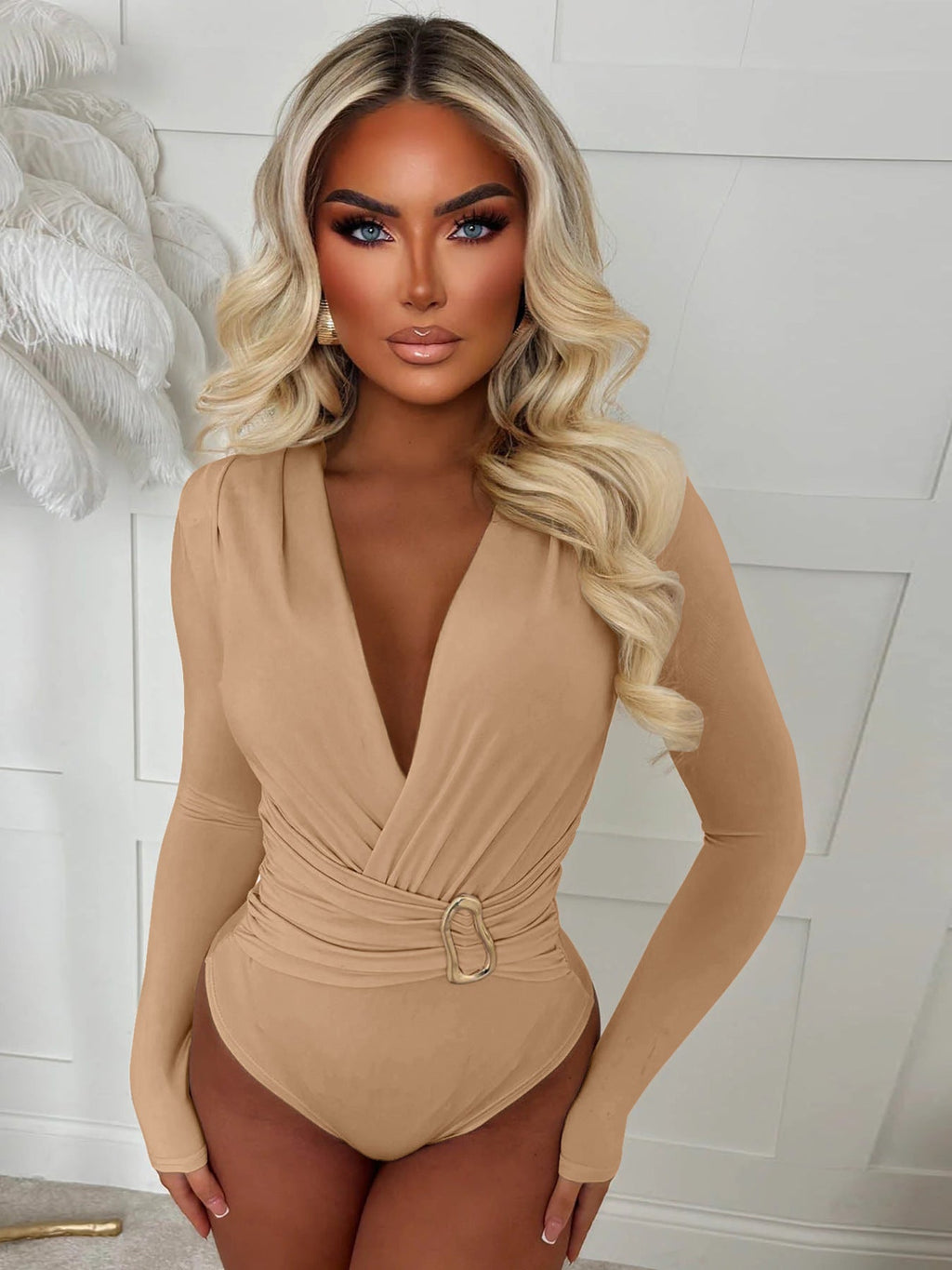 Women's Bodysuit with Deep V-Neck and Slim Belt