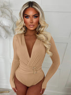 Women's Bodysuit with Deep V-Neck and Slim Belt
