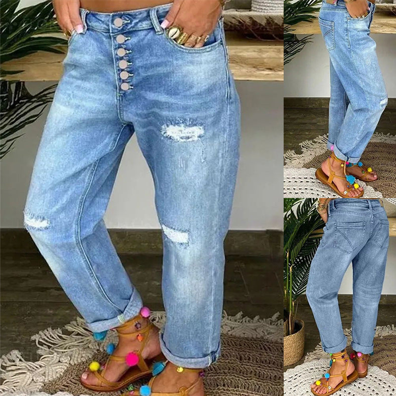 Women's Boyfriend Jeans with Button Fly and Distressed Details