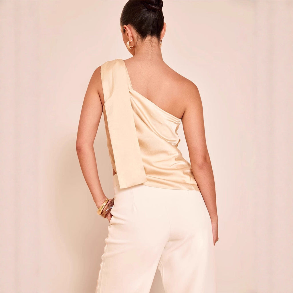 Women's Asymmetrical Satin Top with Draped Hem