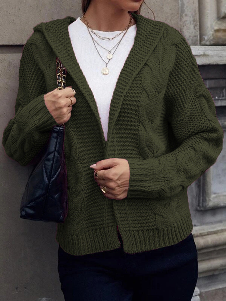 Women's Chunky Knit Cardigan with Hood and Cable Knit Pattern