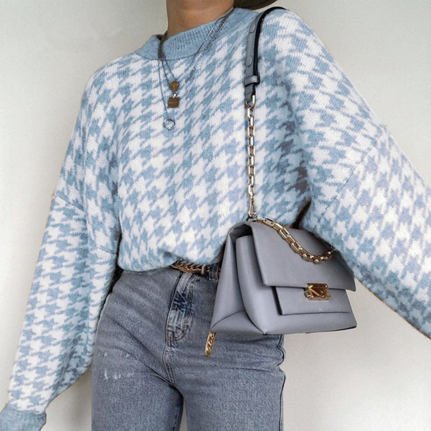 Women's Cozy Houndstooth Knit Sweater with Wide Sleeves