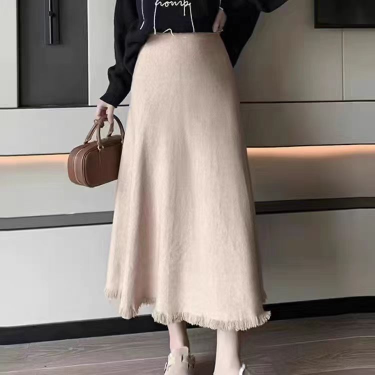 Women's Maxi Skirt in Soft, Textured Knit Fabric with Frayed Hem