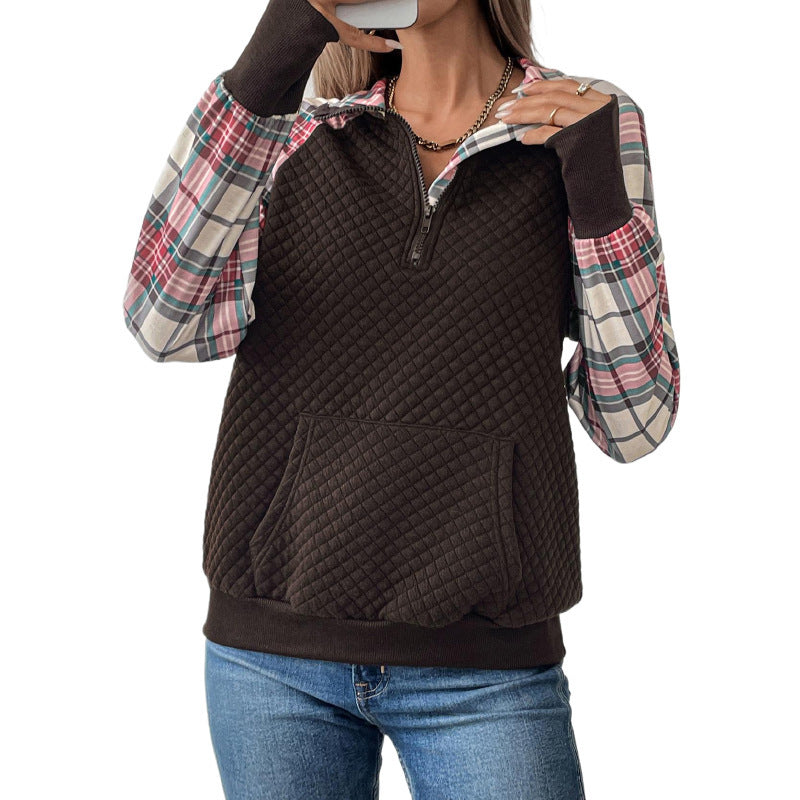 Women's 1/4 Sleeve Sweatshirt with Plaid Details