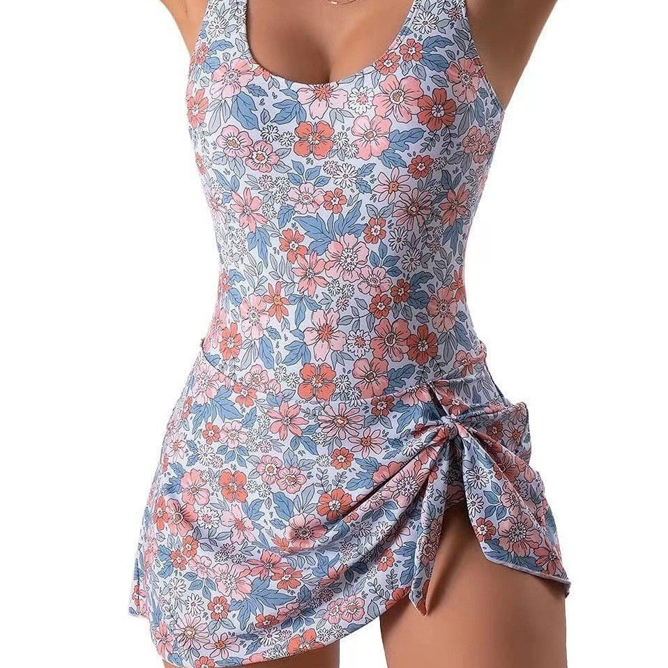 Women's Swim Jumpsuit with Wrap Skirt and Adjustable Knot