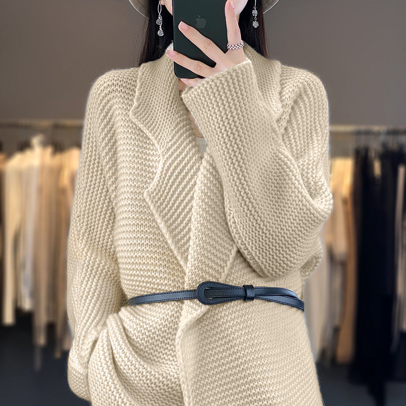 Women's Chunky Knit Cardigan with Elegant Lapels and Waist Belt