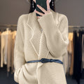 Women's Chunky Knit Cardigan with Elegant Lapels and Waist Belt