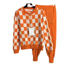 Women's Fashionable Plaid Knit Set with Button Detail and Casual Pants