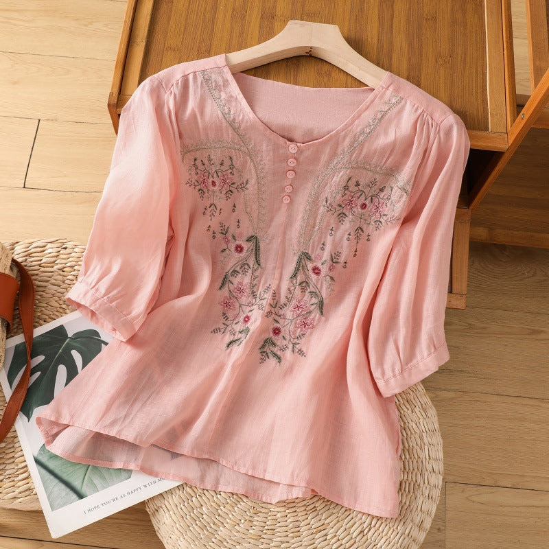 Women's Blouse Shirt with Floral Embroidery and Button-Up Neckline