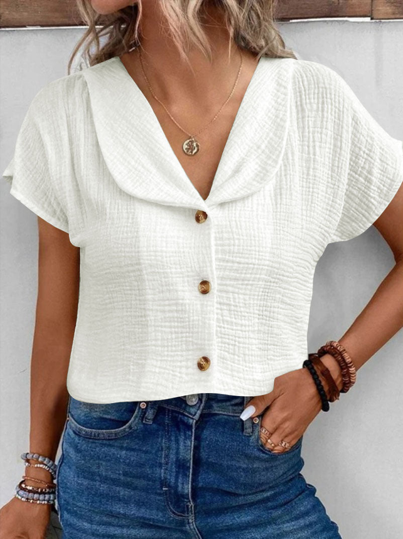 Women's Blouse with Stylish Shawl Collar and Decorative Button Details