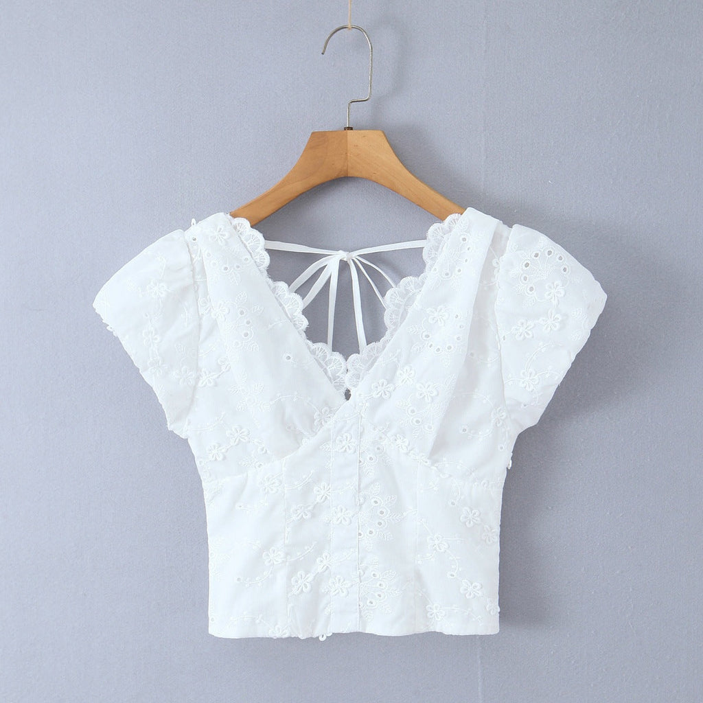Women's Top with Floral Embroidery and Romantic Ruffled Neckline