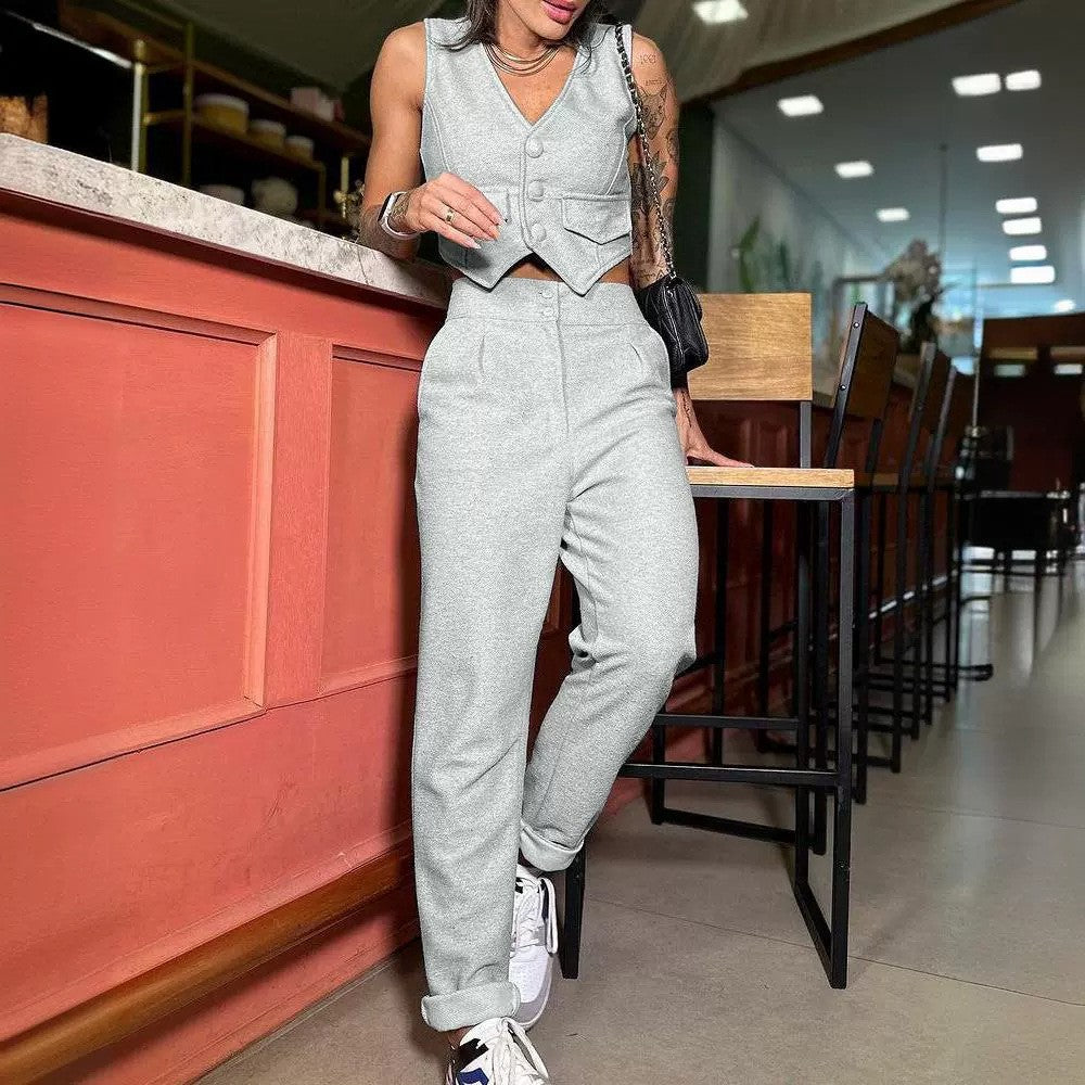Women's Fashionable Two-Piece Set with Button Plackets and High Waist
