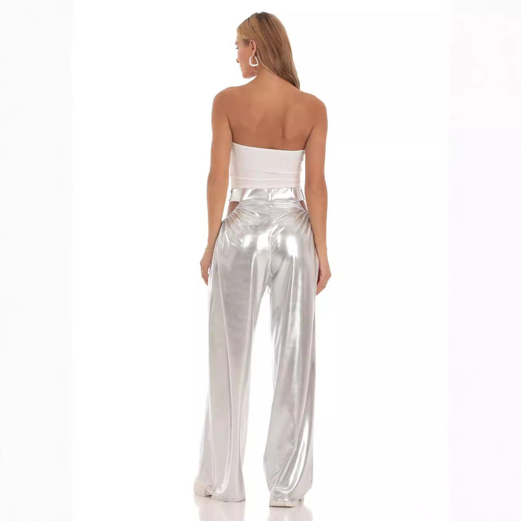Women's High-Waist Baggy Trousers with Cut-Out Details and Shiny Finish