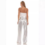 Women's High-Waist Baggy Trousers with Cut-Out Details and Shiny Finish