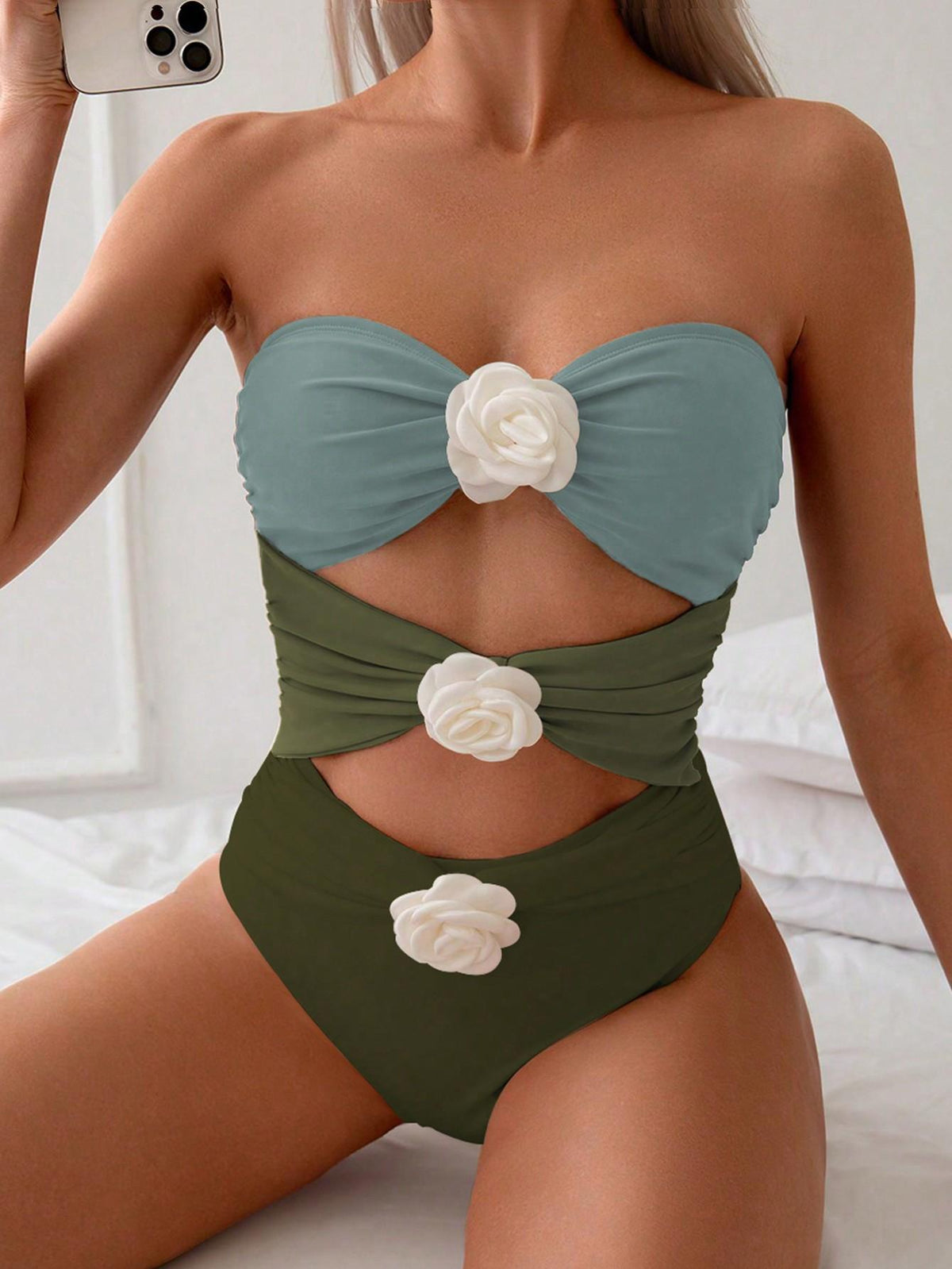 Women's Bandeau Swimsuit with Elegant Ruffles and Floral Accents