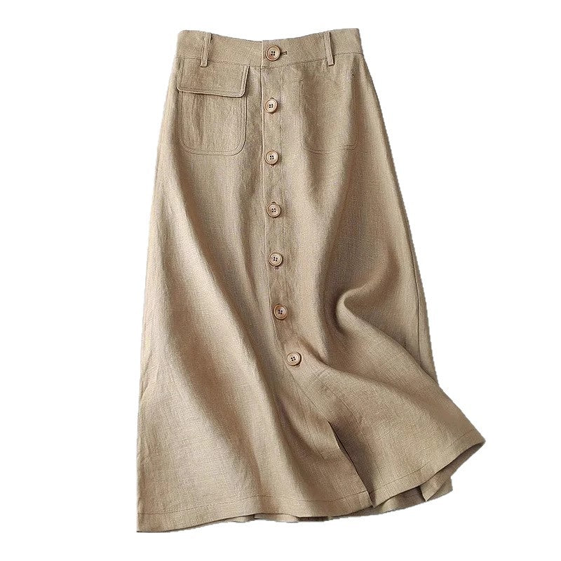 Women's Long Linen Skirt with Button Details and Pockets