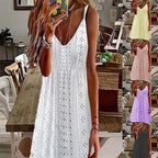 Women's Sleeveless Summer Dress with Decorative Eyelet Pattern and V-Neck