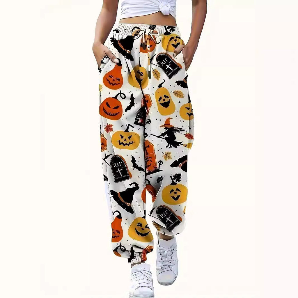 Women's Casual Pants with Colorful Halloween Motif and Elastic Waist