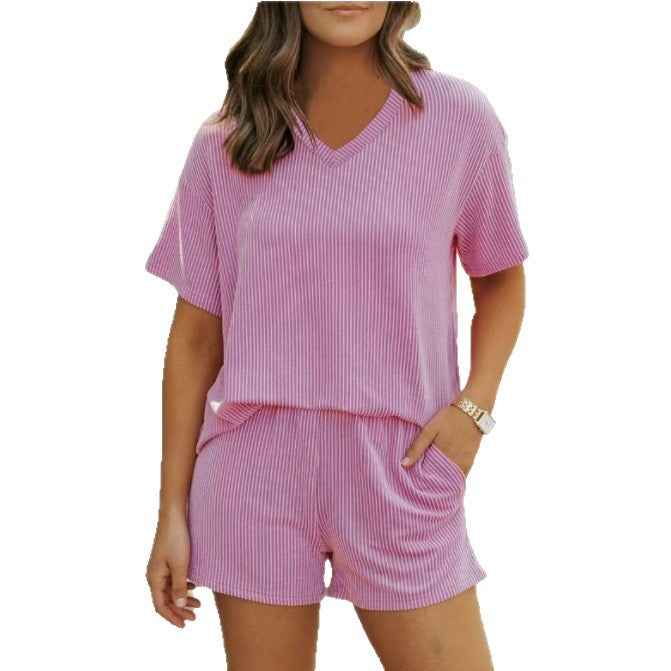 Women's Comfortable Short Sleeve V-Neck Set with Elastic Waistband