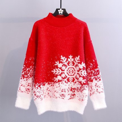Women's Cozy Knit Sweater with Winter Snowflake Motif