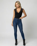Women's Bodysuit with Romantic Lace Sleeves and Deep V-Neck