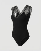 Women's Bodysuit with Romantic Lace Sleeves and Deep V-Neck