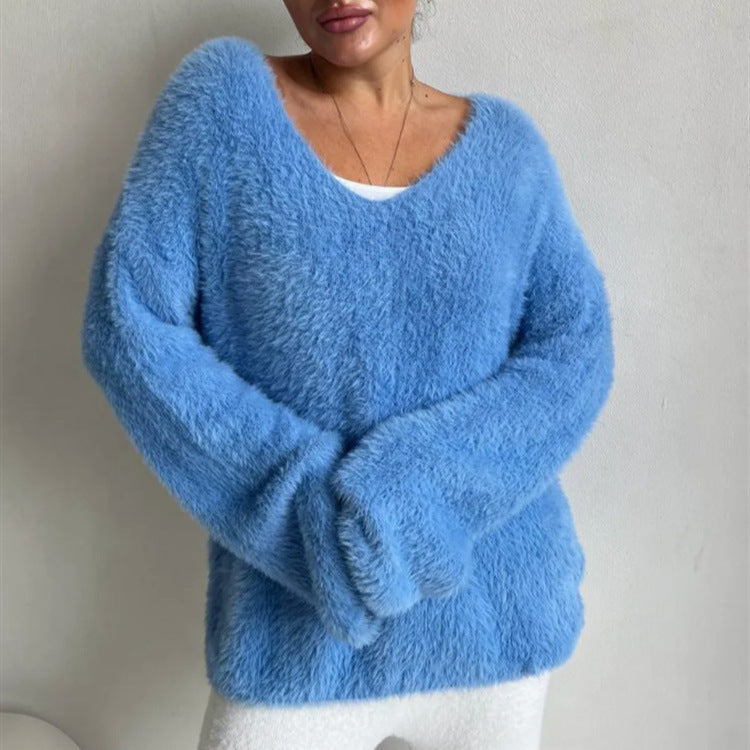 Women's Fluffy V-Neck Sweater
